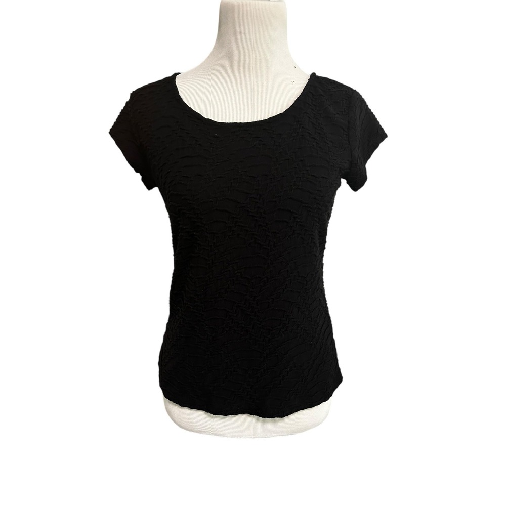 Textured Black Top Short Sleeve Crew Neck Casual‎ Tee Shirt